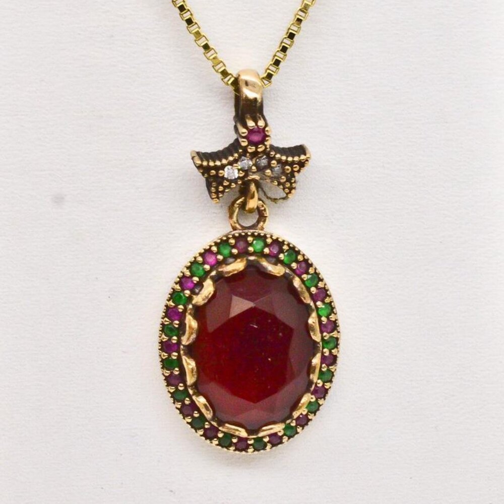 Vintage Womens Ruby & Emerald Pendant in 14kt & 925 Sterling Silver